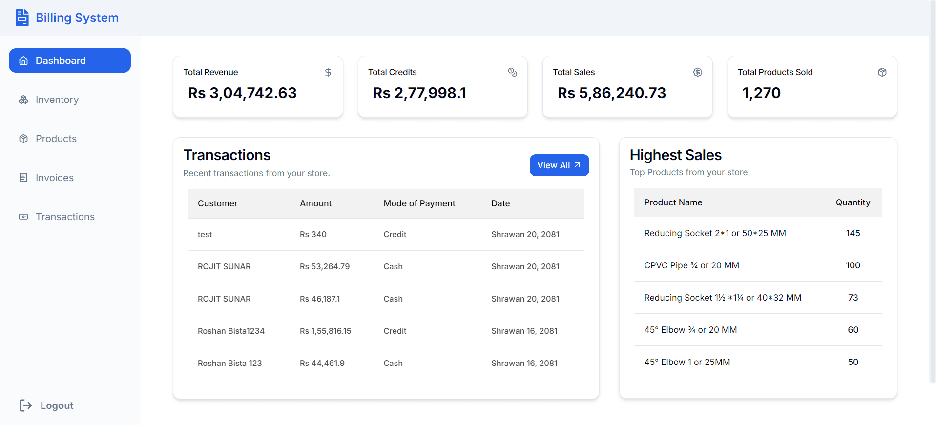 Billing System - Project Screenshot